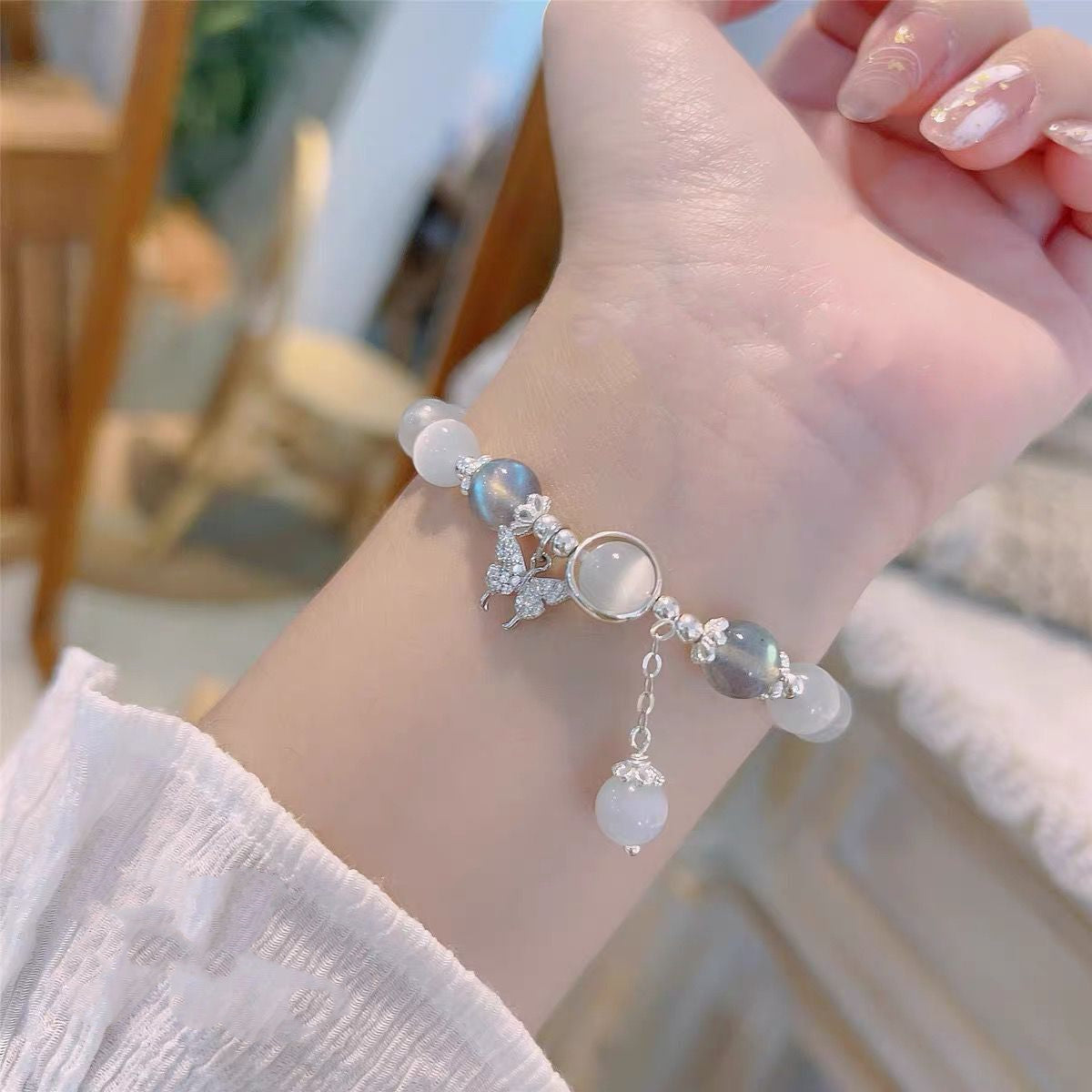 Bracelet élastique en oeil de Chat gris clair