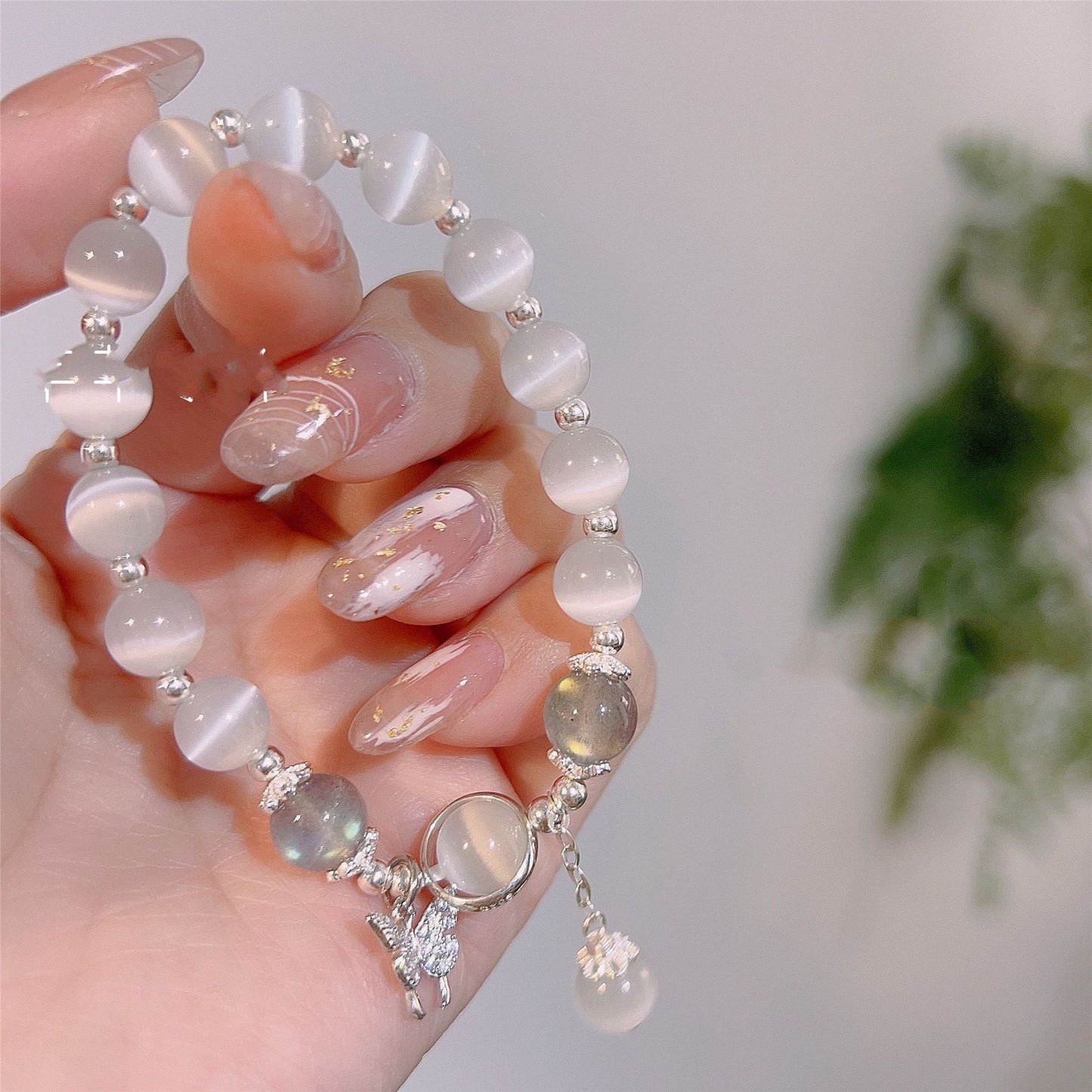 Bracelet élastique en oeil de Chat gris clair