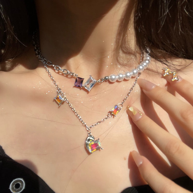 Collier fantaisie style Y2K avec perles, 2 colliers, cristal coloré