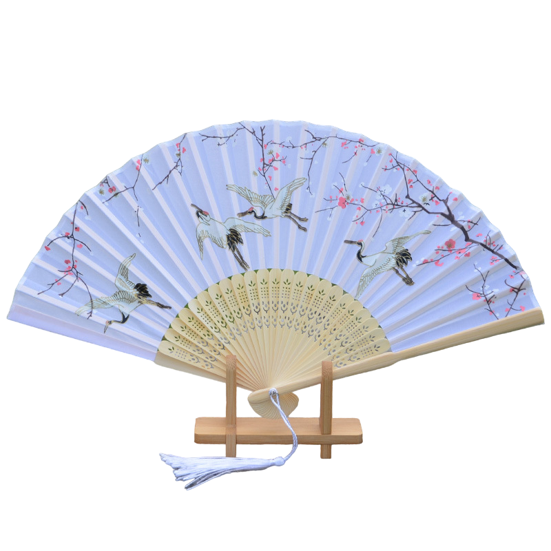 Éventail Traditionnel Japonais – Grues & Fleurs de Cerisier
