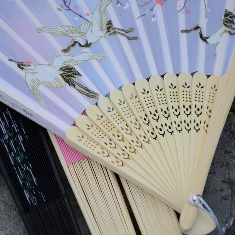 Éventail Traditionnel Japonais – Grues & Fleurs de Cerisier