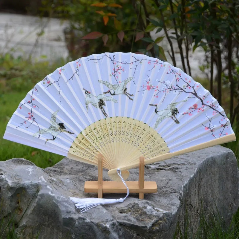 Éventail Traditionnel Japonais – Grues & Fleurs de Cerisier