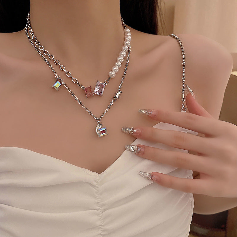 Collier fantaisie style Y2K avec perles, 2 colliers, cristal coloré