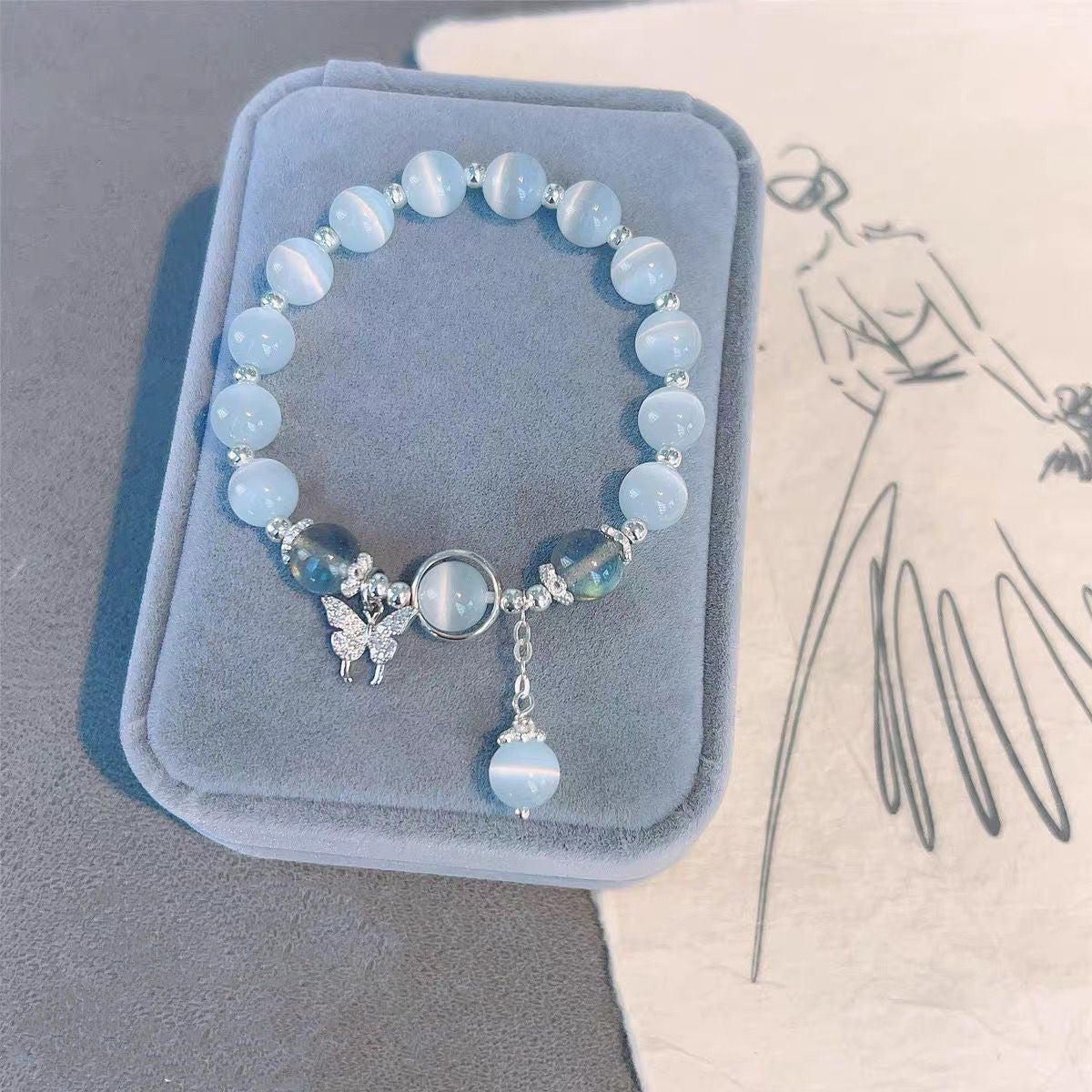 Bracelet élastique en oeil de Chat gris clair