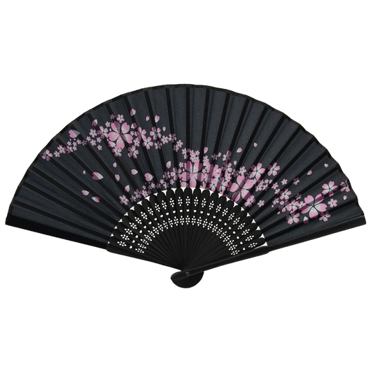 Éventail Japonais Élégant – Sakura sur Fond Noir