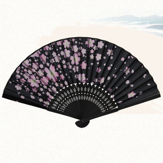 Éventail Japonais Élégant – Sakura sur Fond Noir