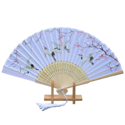 Éventail Traditionnel Japonais – Grues & Fleurs de Cerisier